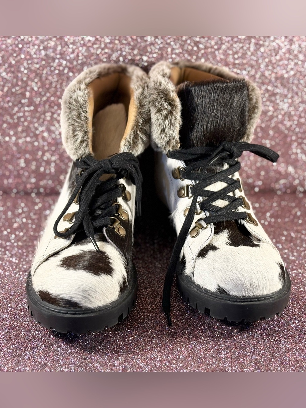 Myra Bag Black and White Cowhide Fur Lace-Up Hiker Boots